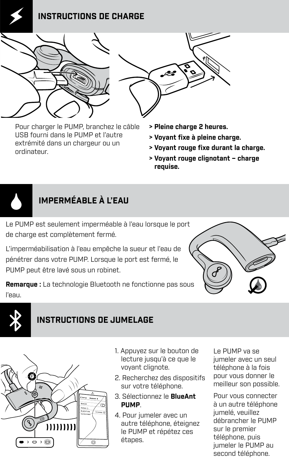 Instructions de charge, Imperméable à l’eau, Instructions de jumelage | BlueAnt PUMP HD Sportbuds User Manual | Page 9 / 64
