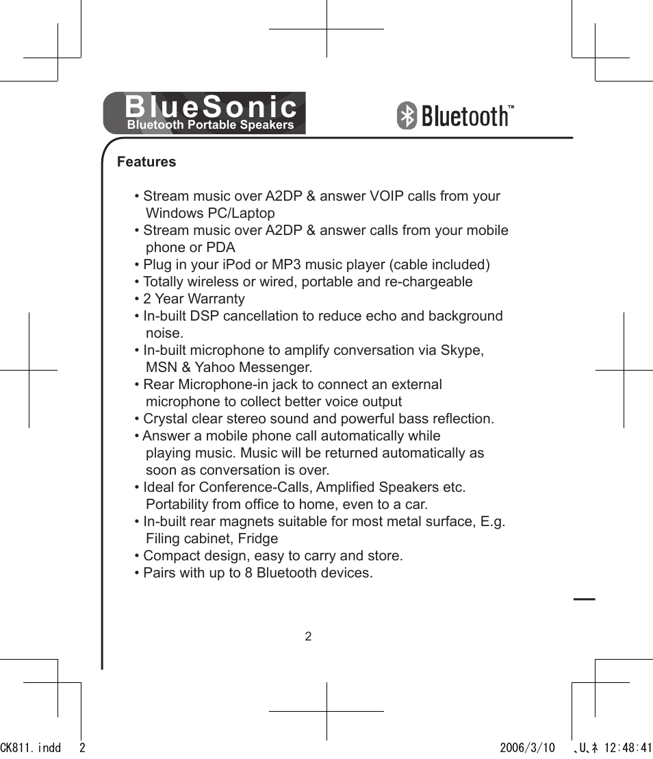 Bluesonic | BlueAnt Bluesonic Bluetooth Portable Speakers User Manual | Page 2 / 40