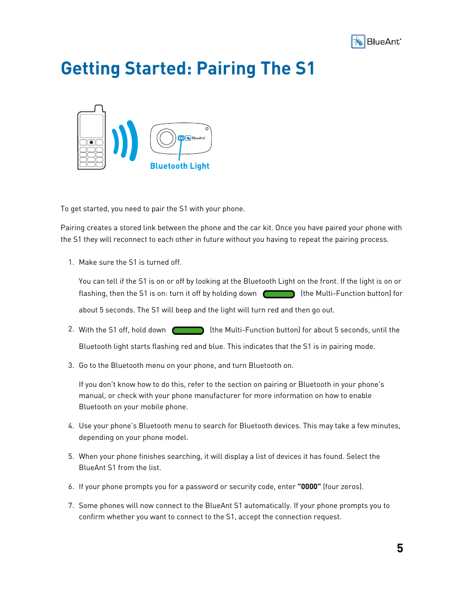 Getting started: pairing the s1 | BlueAnt S1 Sun Visor Handsfree Kit User Manual | Page 5 / 22
