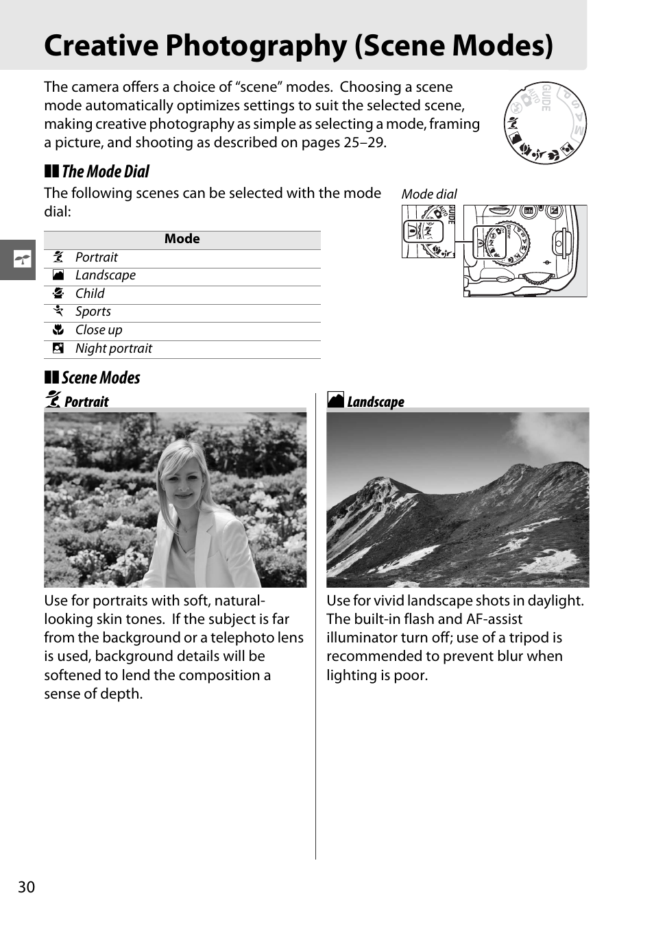 Creative photography (scene modes), Portrait, Landscape | Nikon D3000 User Manual | Page 48 / 216