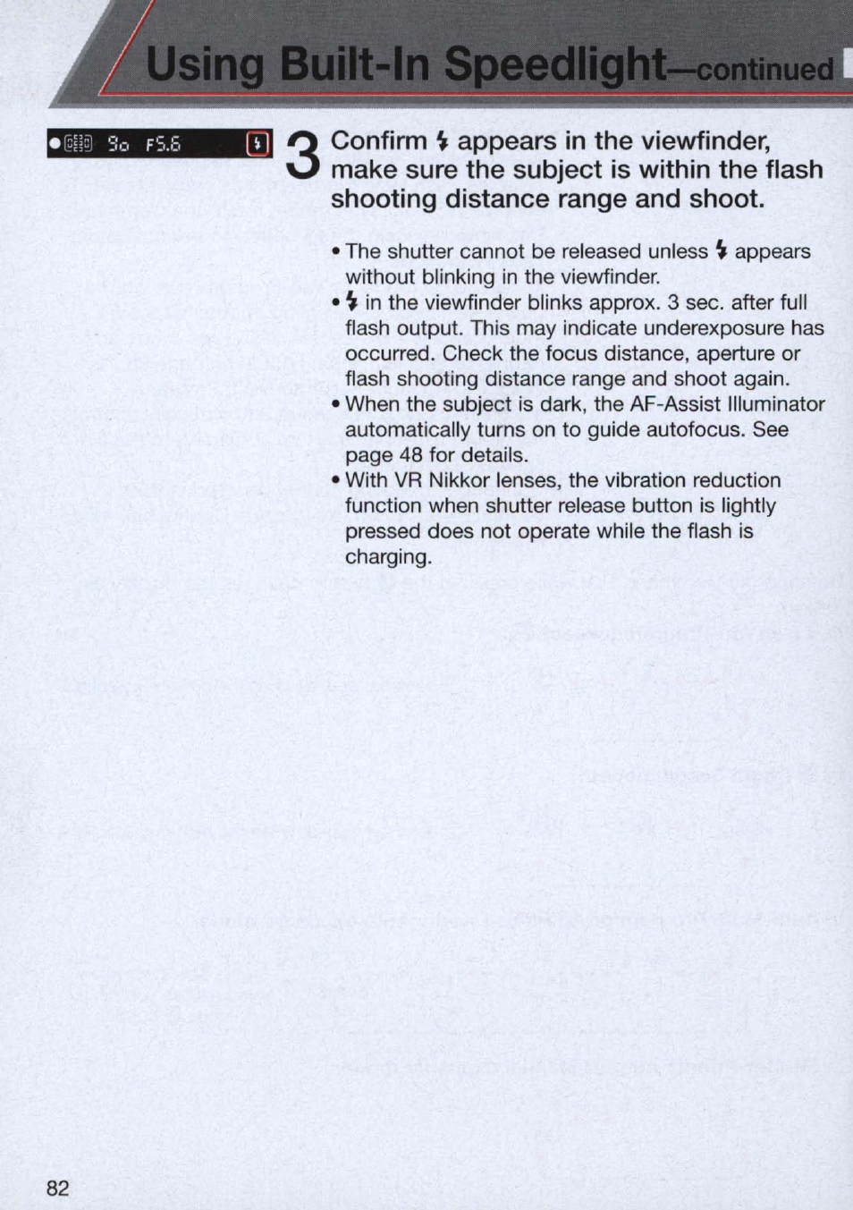 Using built-in speedlight, Continued | Nikon n65 User Manual | Page 82 / 116