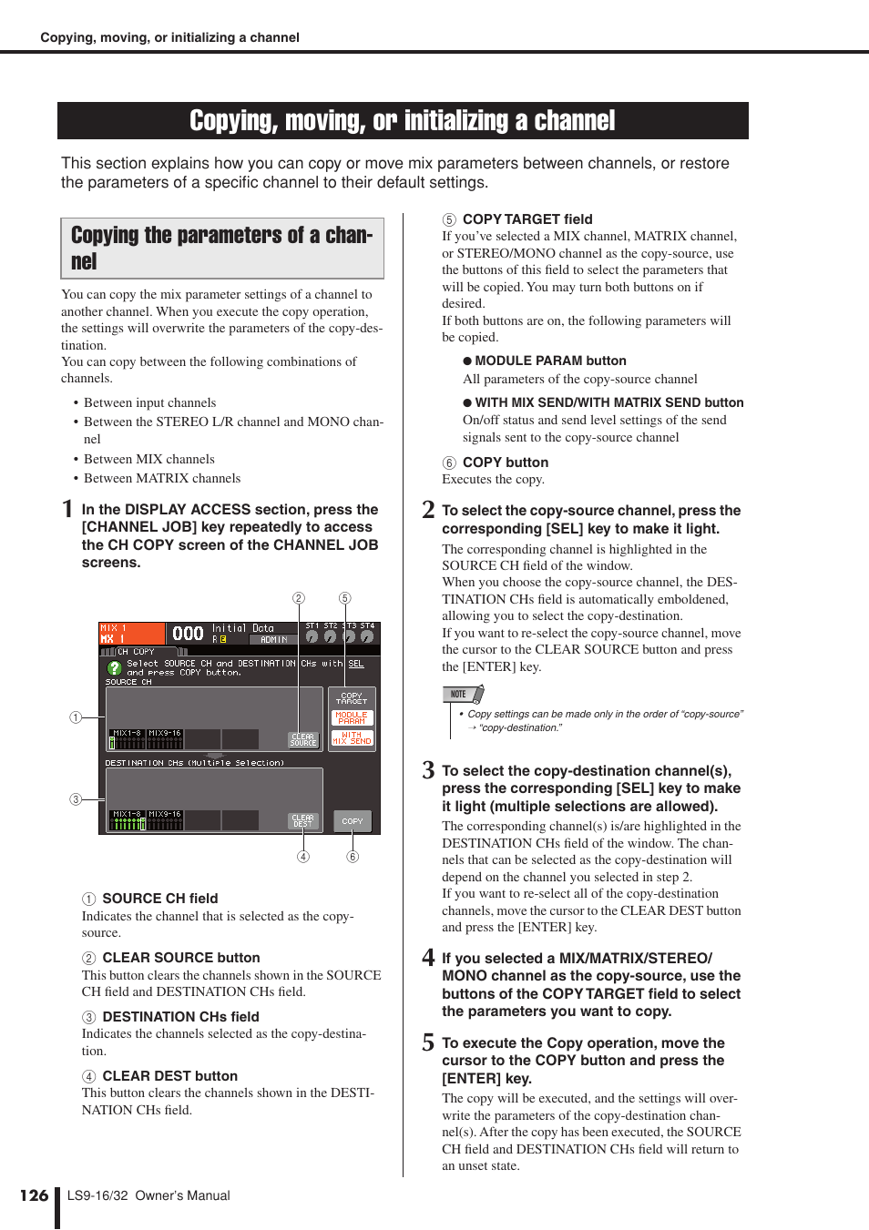 Copying, moving, or initializing a channel, Copying the parameters of a channel, Copying the parameters of a chan- nel | Yamaha LS9 User Manual | Page 126 / 290