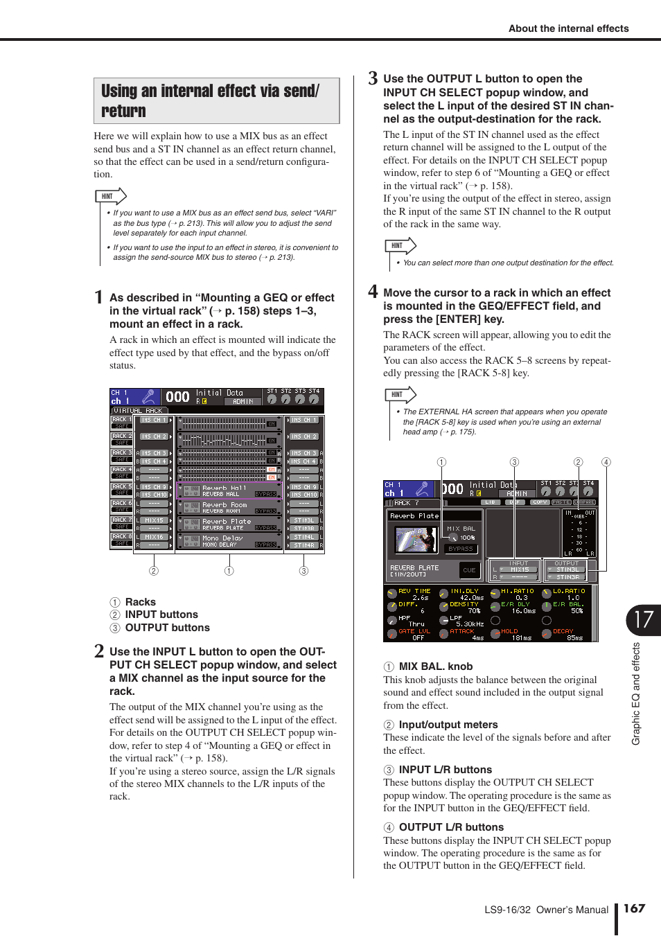 Using an internal effect via send/ return, Using an internal effect via send/return | Yamaha LS9 User Manual | Page 167 / 290