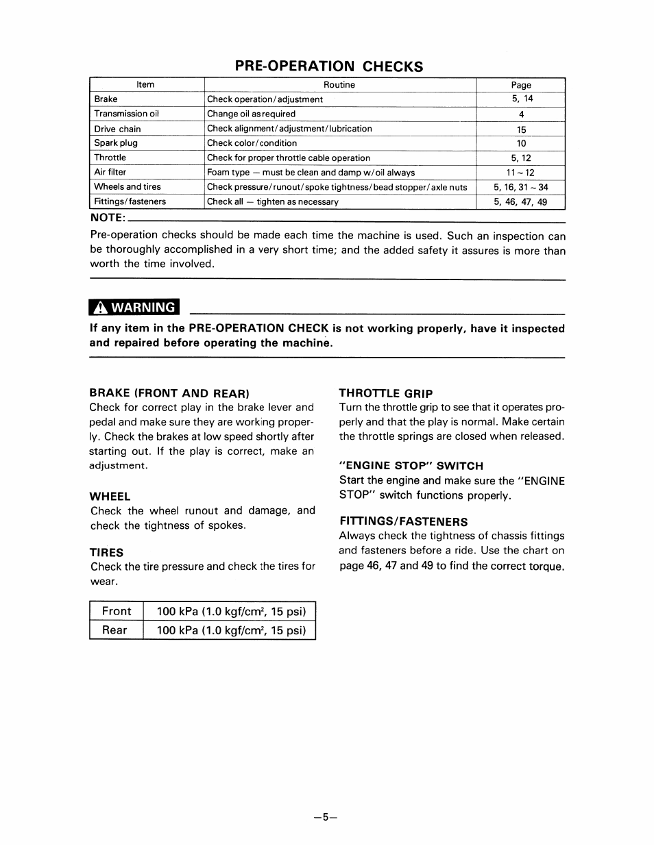 Pre-operation checks, A warning, Brake (front and rear) | Wheel, Tires, Throttle grip, Engine stop" switch, Fittings/fasteners | Yamaha pw80 User Manual | Page 17 / 64