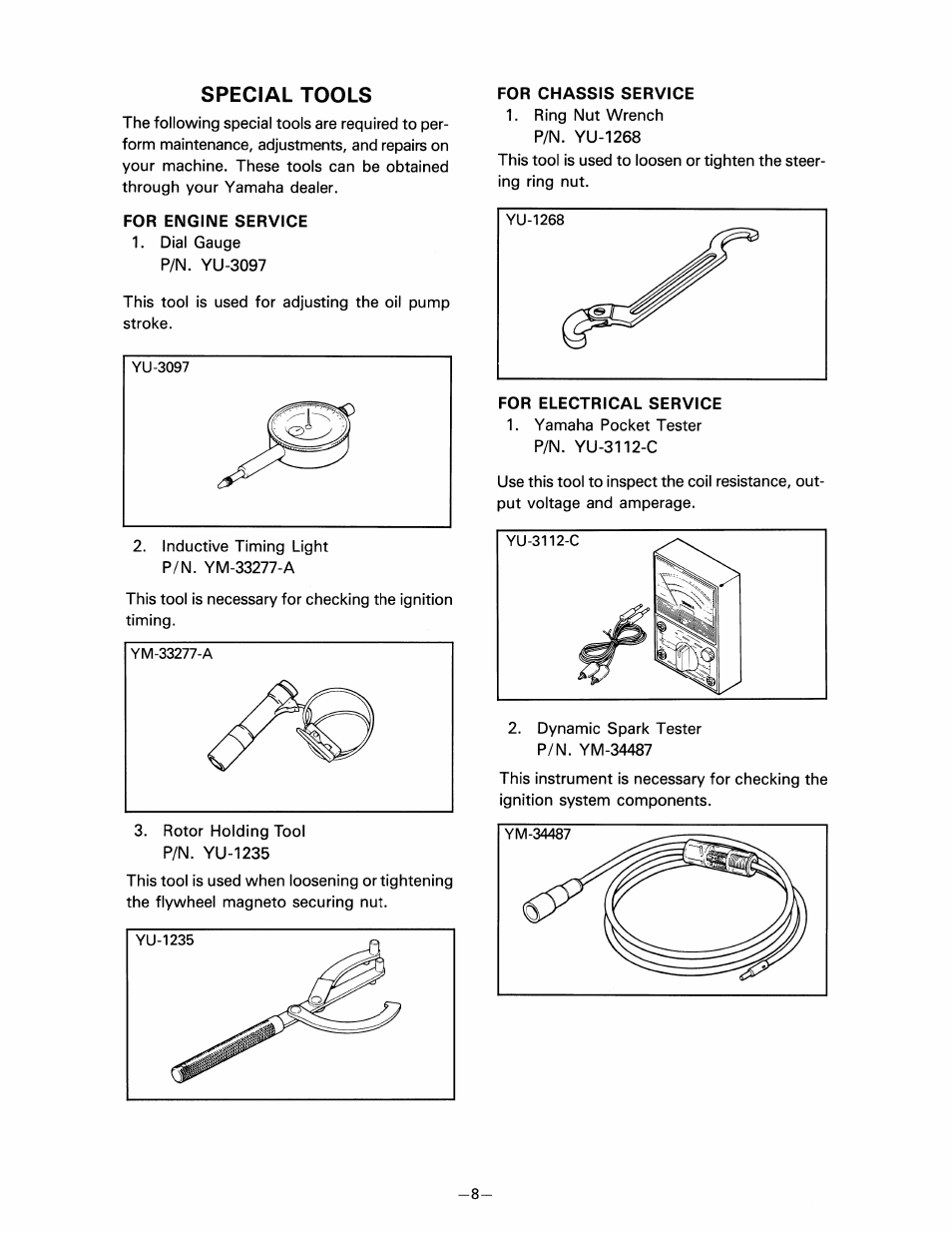 Special tools, For engine service, For chassis service | For electrical service | Yamaha pw80 User Manual | Page 20 / 64