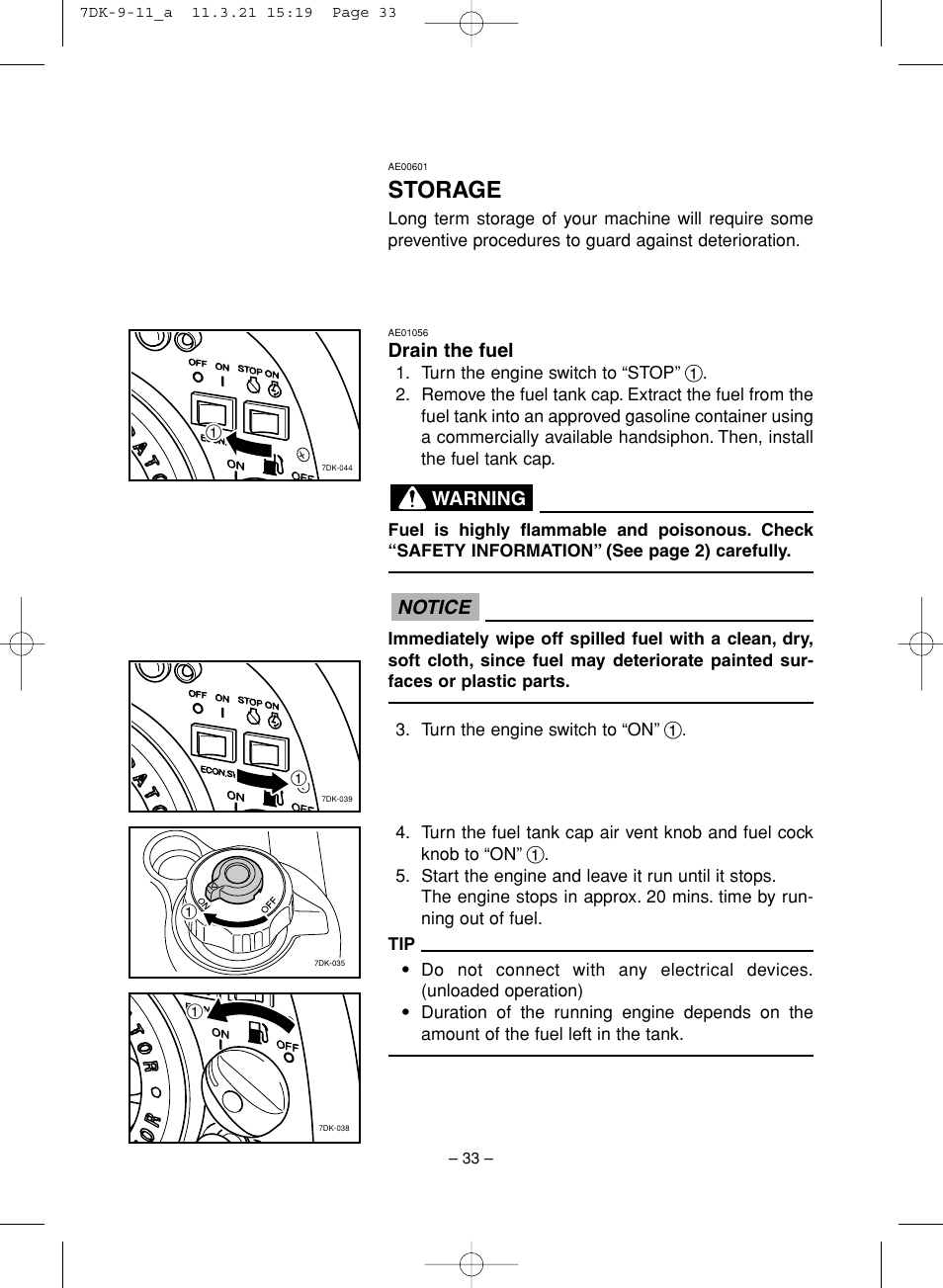 Storage, Notice, Drain the fuel | Warning | Yamaha ef2000is User Manual | Page 38 / 62