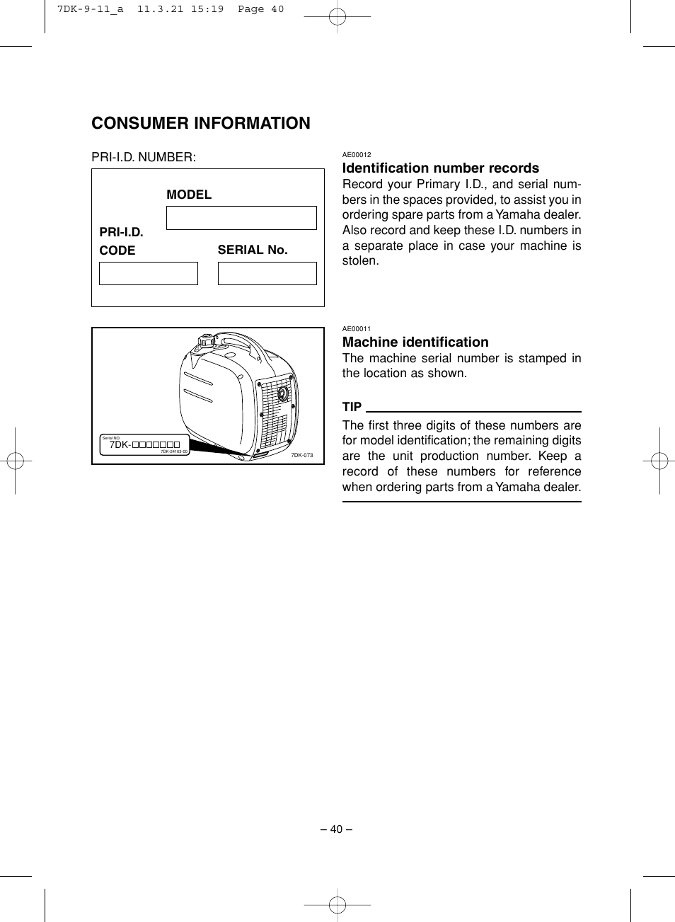 Consumer information, Identification number records, Machine identification | Yamaha ef2000is User Manual | Page 45 / 62