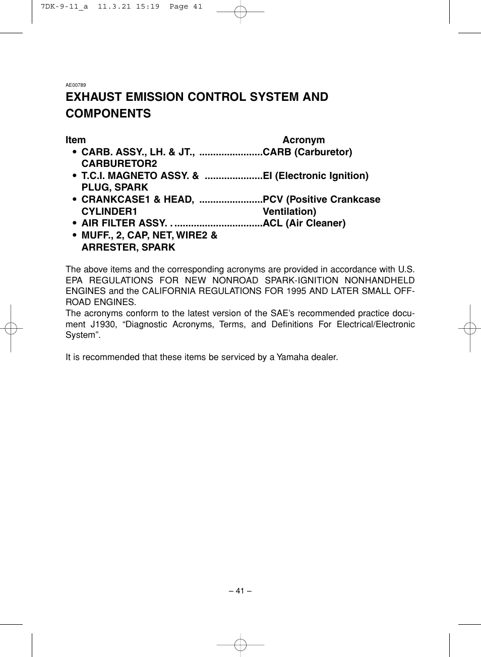 Exhaust emission control system and components | Yamaha ef2000is User Manual | Page 46 / 62