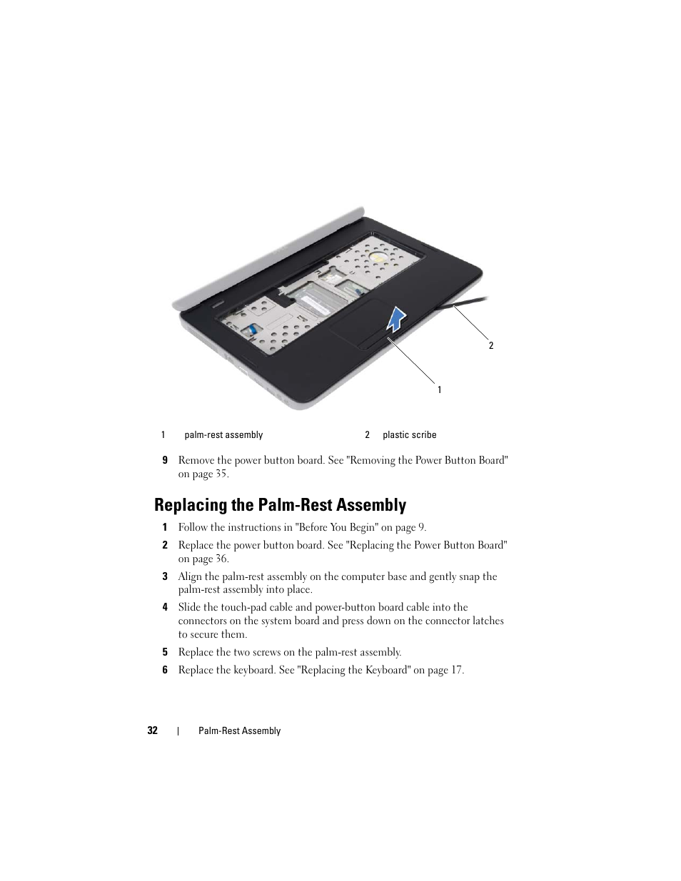 Replacing the palm-rest assembly, 5 replace the two screws on the palm-rest assembly | Dell Inspiron M5040 User Manual | Page 32 / 72