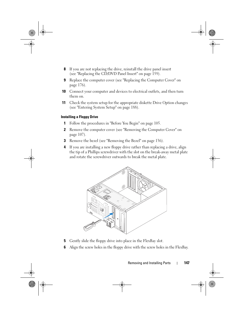 Installing a floppy drive | Dell Inspiron 530 User Manual | Page 147 / 226