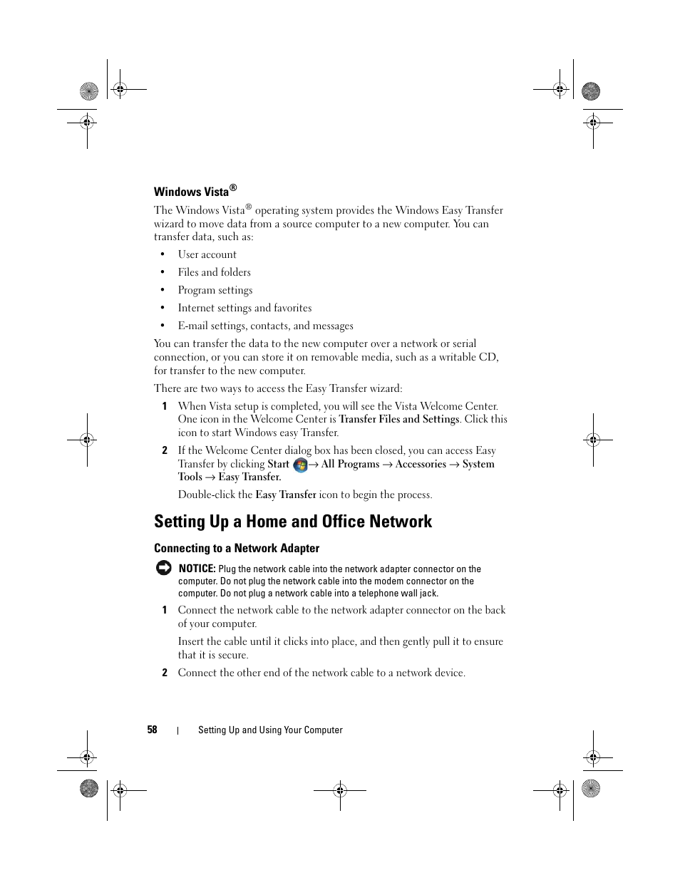 Setting up a home and office network, Connecting to a network adapter | Dell Inspiron 530 User Manual | Page 58 / 226