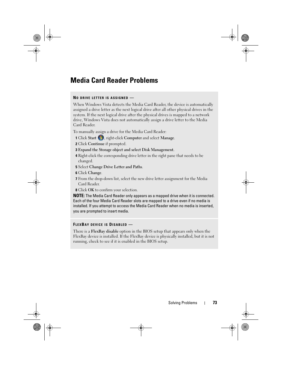 Media card reader problems | Dell Inspiron 530 User Manual | Page 73 / 226