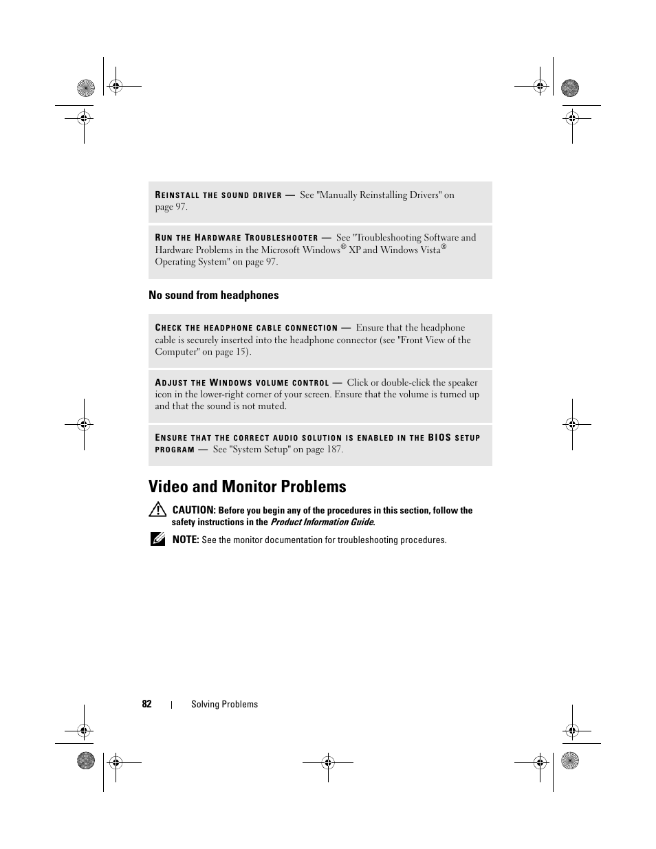 No sound from headphones, Video and monitor problems | Dell Inspiron 530 User Manual | Page 82 / 226