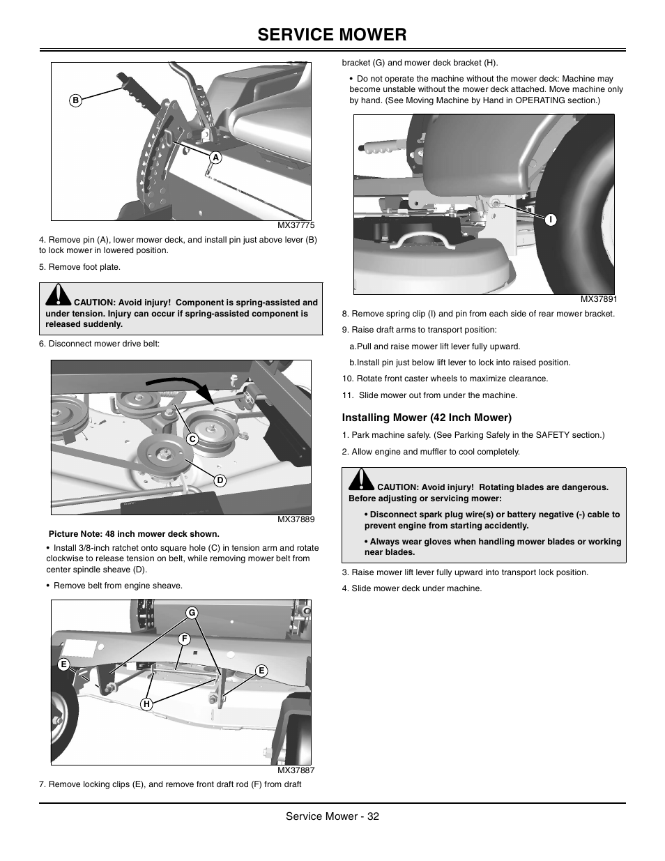 Installing mower (42 inch mower), Service mower | John Deere z425 User Manual | Page 33 / 48