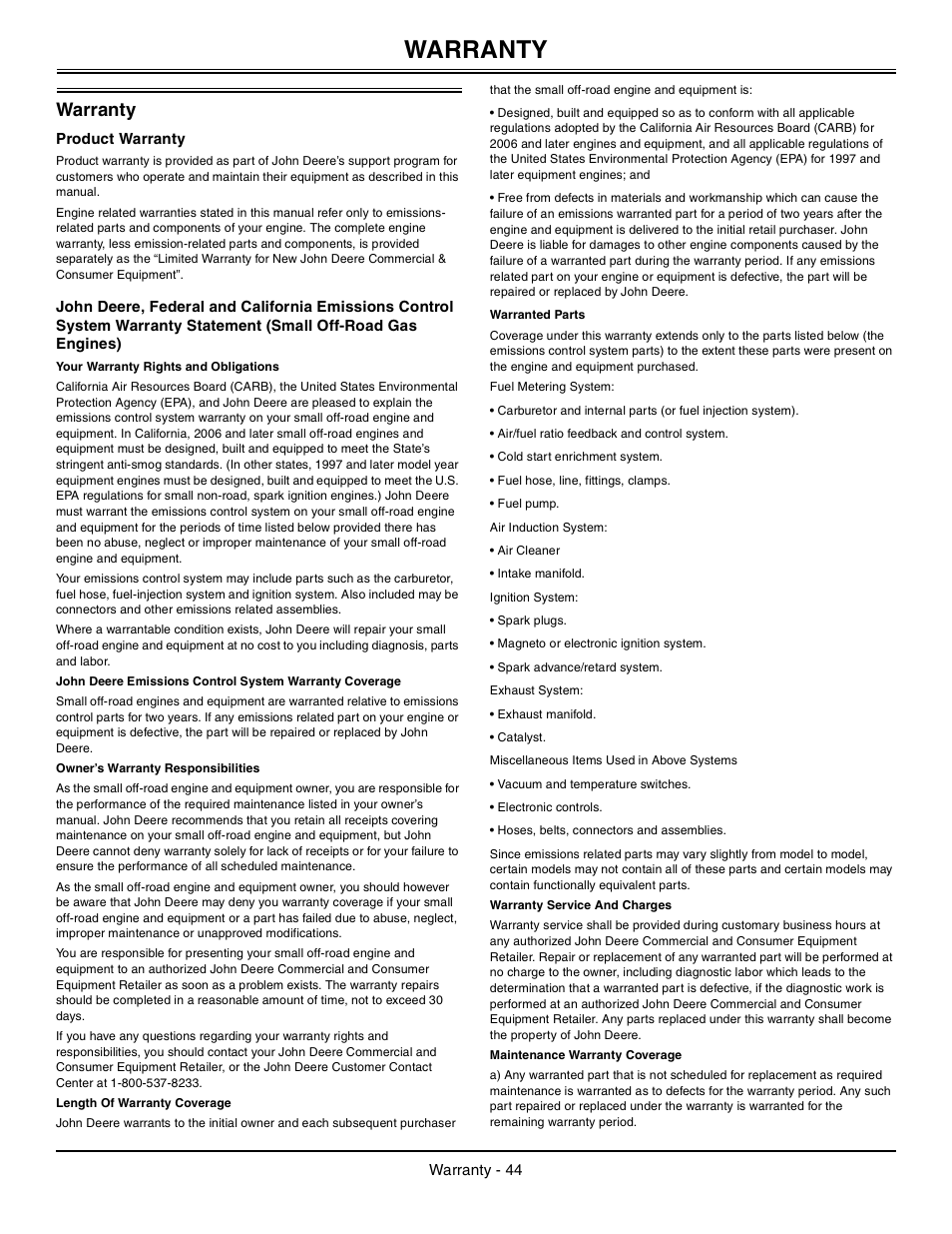 Warranty, Product warranty | John Deere z425 User Manual | Page 45 / 48