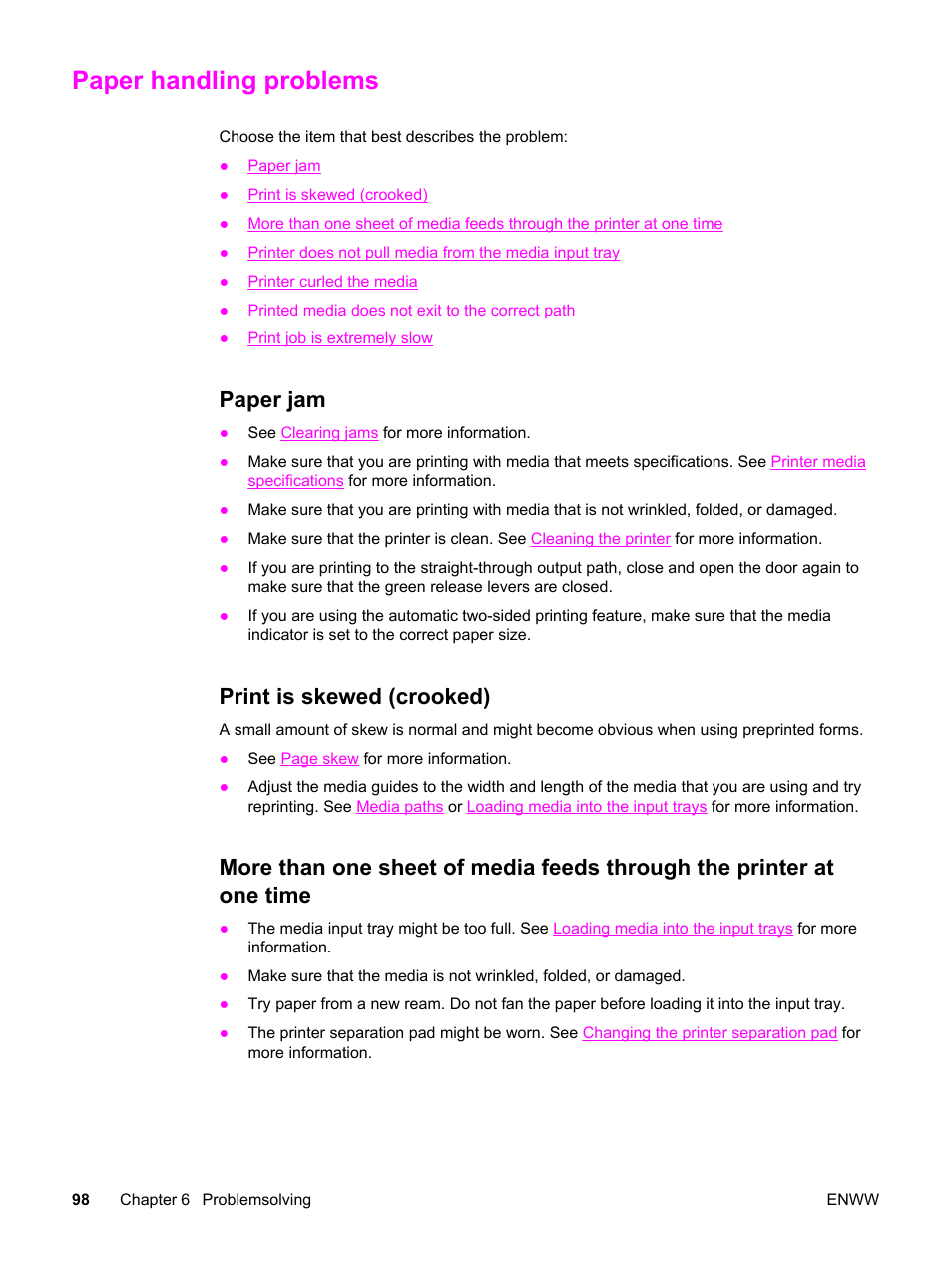 Paper handling problems, Paper jam, Print is skewed (crooked) | Came out, see, Paper handling, Problems | HP LaserJet 1320 User Manual | Page 108 / 184