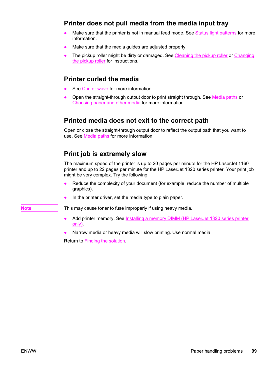 Printer curled the media, Printed media does not exit to the correct path, Print job is extremely slow | HP LaserJet 1320 User Manual | Page 109 / 184