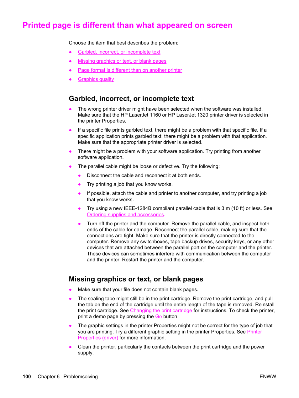 Garbled, incorrect, or incomplete text, Appeared on screen, Missing graphics or text, or blank pages | HP LaserJet 1320 User Manual | Page 110 / 184