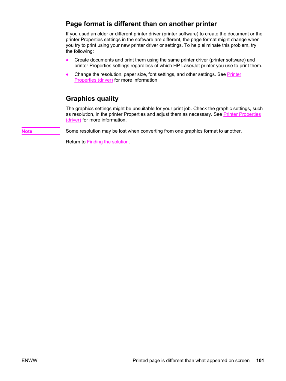 Graphics quality, Page format is different than on another printer | HP LaserJet 1320 User Manual | Page 111 / 184