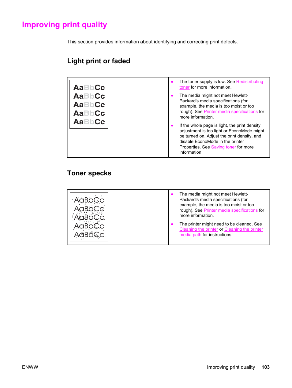 Improving print quality, Light print or faded, Toner specks | Light print or faded toner specks, Improving print, Quality | HP LaserJet 1320 User Manual | Page 113 / 184