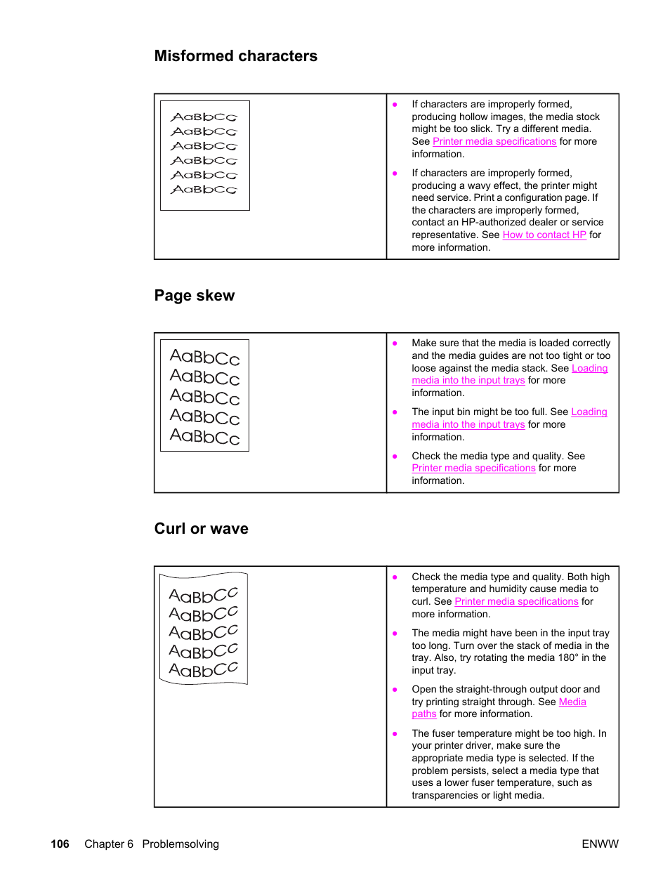 Misformed characters, Curl or wave, For more | Page skew | HP LaserJet 1320 User Manual | Page 116 / 184