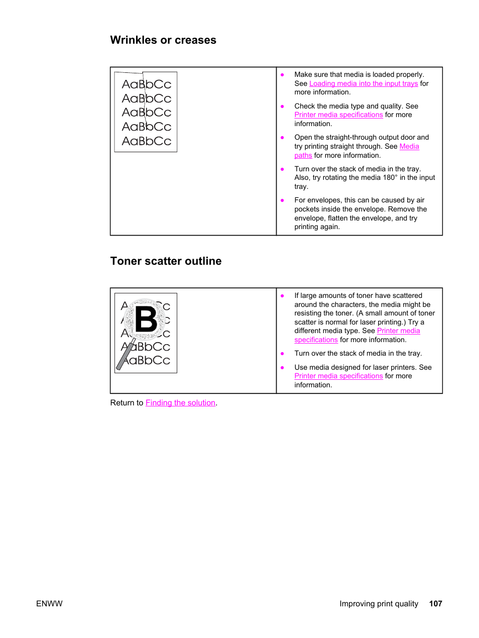 Wrinkles or creases, Toner scatter outline, Wrinkles or creases toner scatter outline | HP LaserJet 1320 User Manual | Page 117 / 184