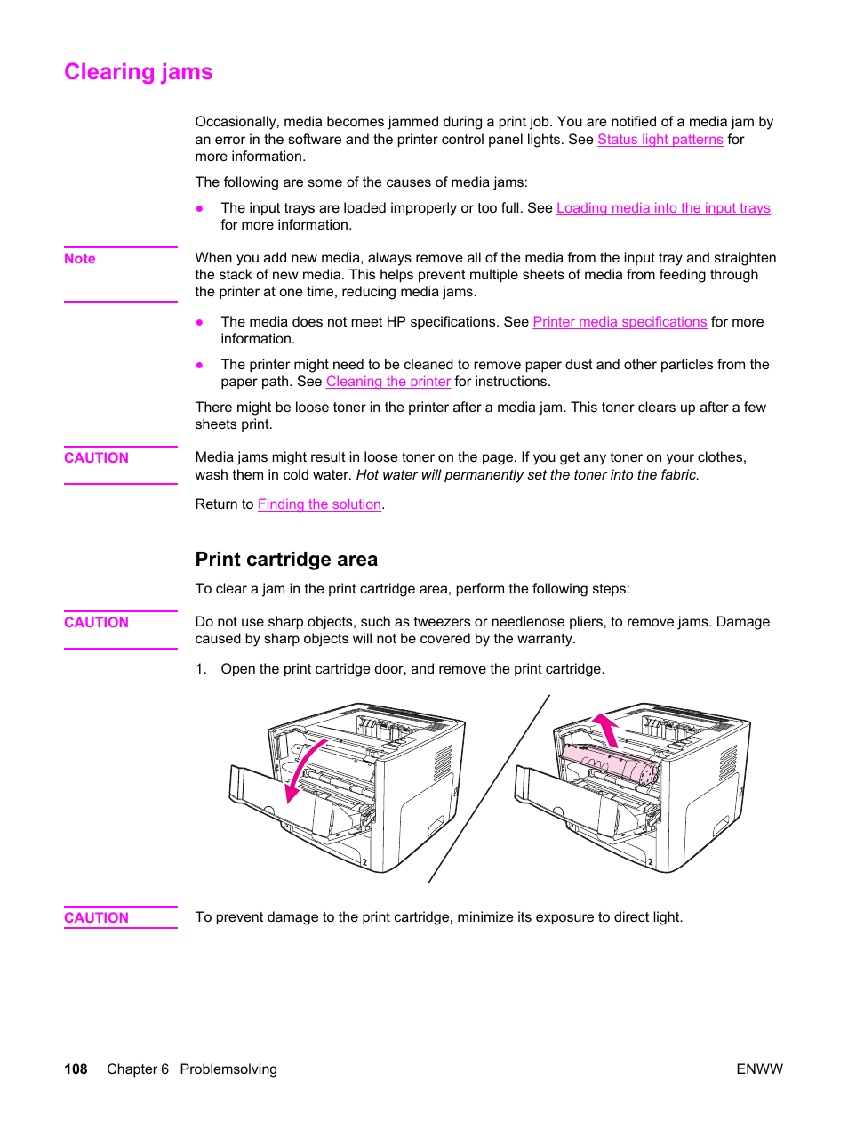 Clearing jams, Print cartridge area, For more information | HP LaserJet 1320 User Manual | Page 118 / 184