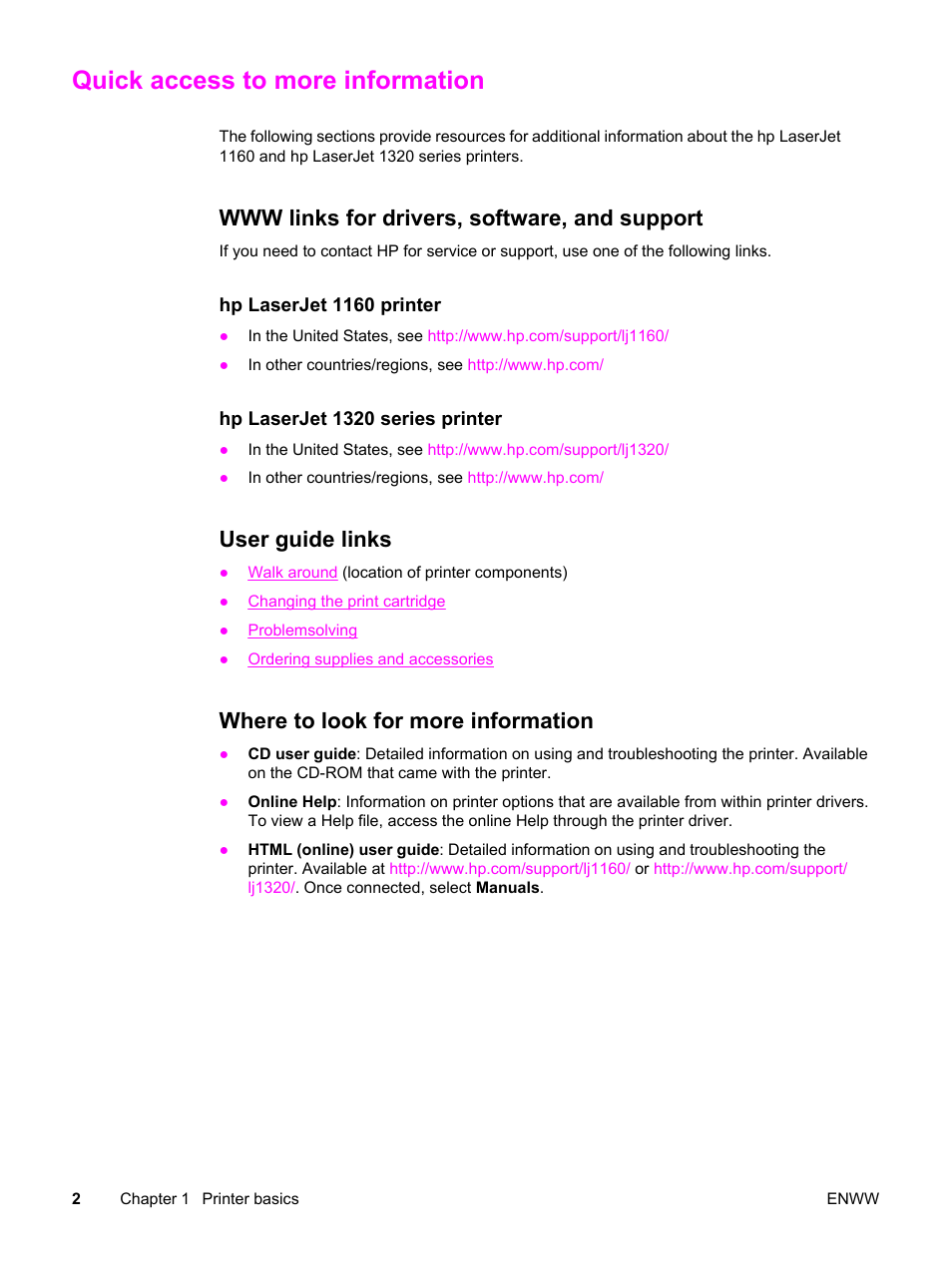 Quick access to more information, Www links for drivers, software, and support, User guide links | Where to look for more information | HP LaserJet 1320 User Manual | Page 12 / 184