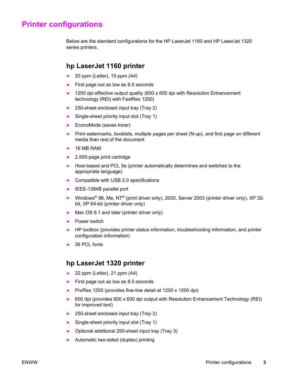Printer configurations, Hp laserjet 1160 printer, Hp laserjet 1320 printer | Hp laserjet 1160 printer hp laserjet 1320 printer | HP LaserJet 1320 User Manual | Page 13 / 184