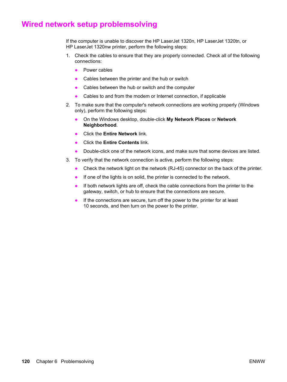 Wired network setup problemsolving | HP LaserJet 1320 User Manual | Page 130 / 184