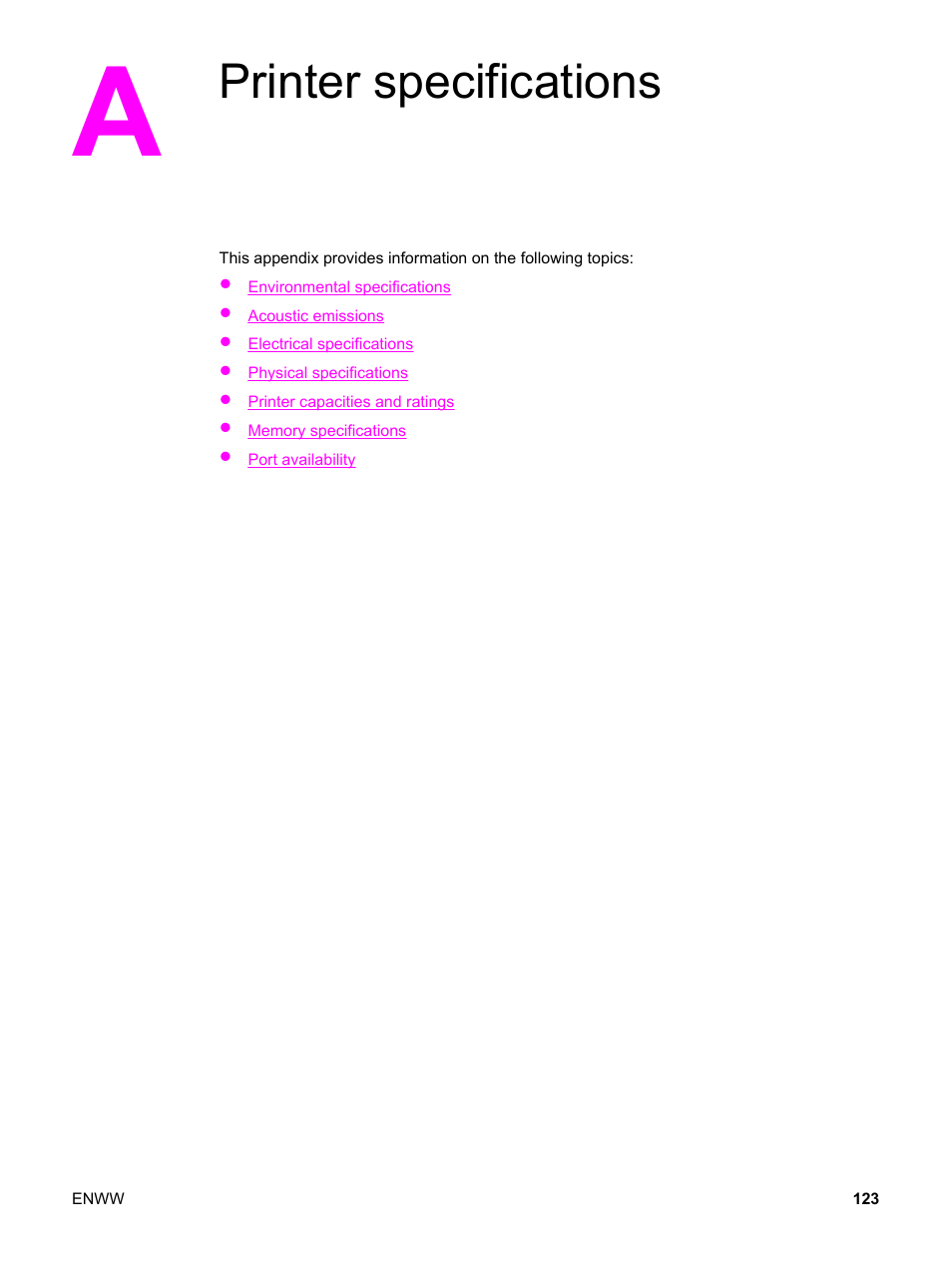 Printer specifications, Appendix a printer specifications | HP LaserJet 1320 User Manual | Page 133 / 184