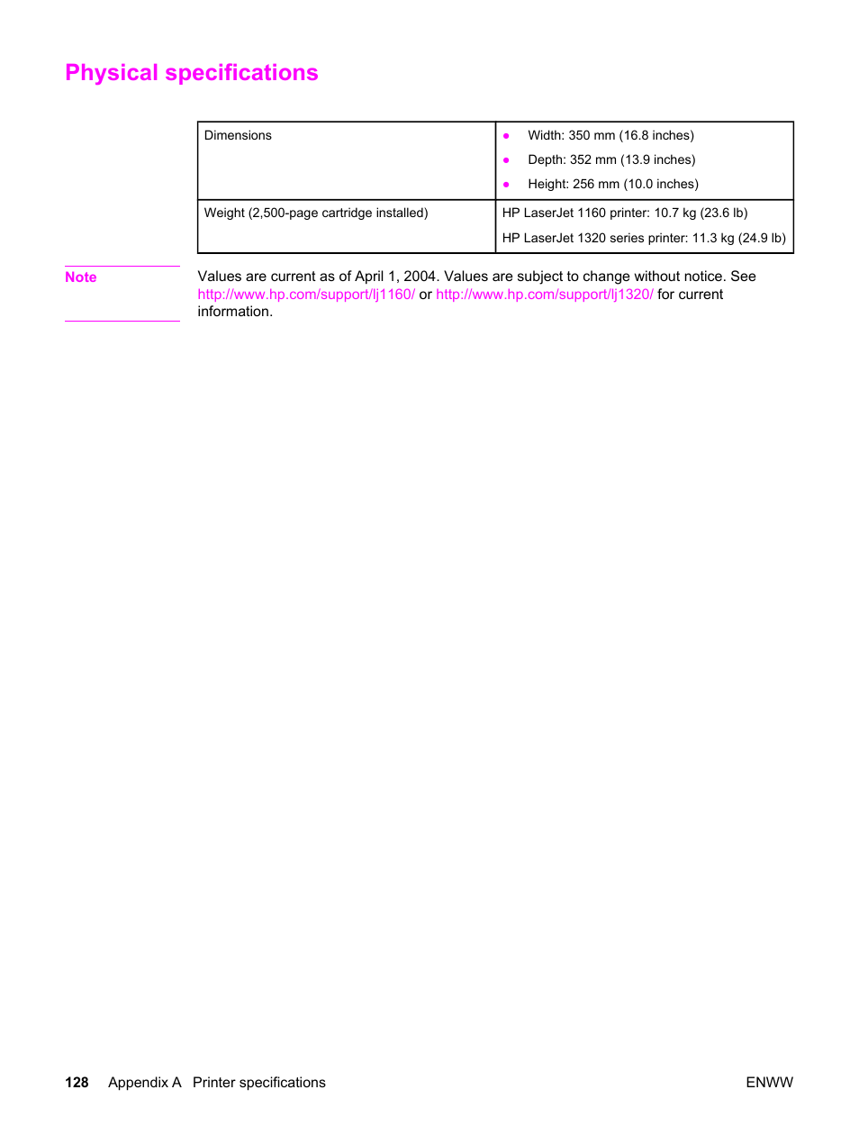 Physical specifications | HP LaserJet 1320 User Manual | Page 138 / 184
