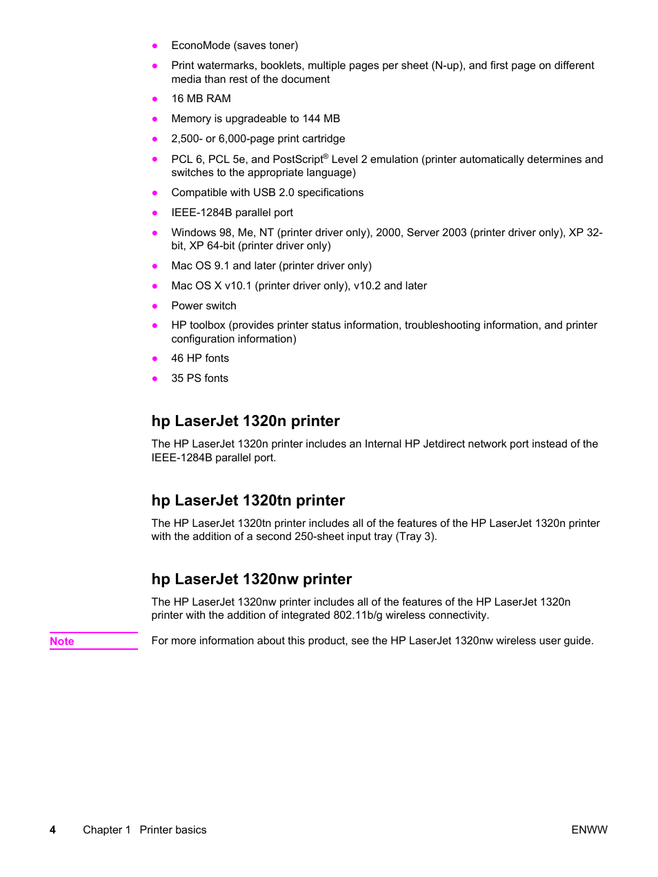 Hp laserjet 1320n printer, Hp laserjet 1320tn printer, Hp laserjet 1320nw printer | HP LaserJet 1320 User Manual | Page 14 / 184