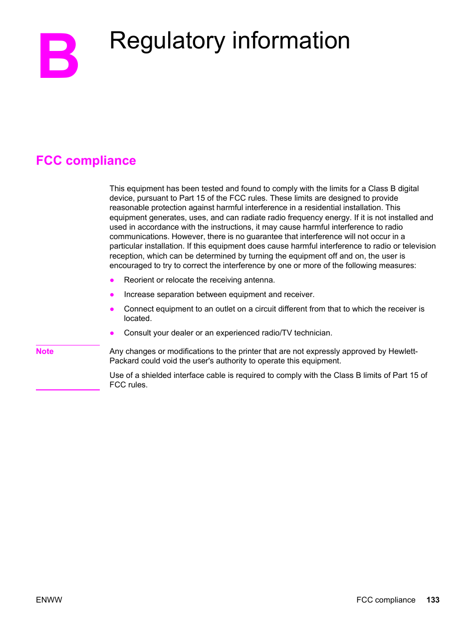 Regulatory information, Fcc compliance, Appendix b regulatory information | HP LaserJet 1320 User Manual | Page 143 / 184