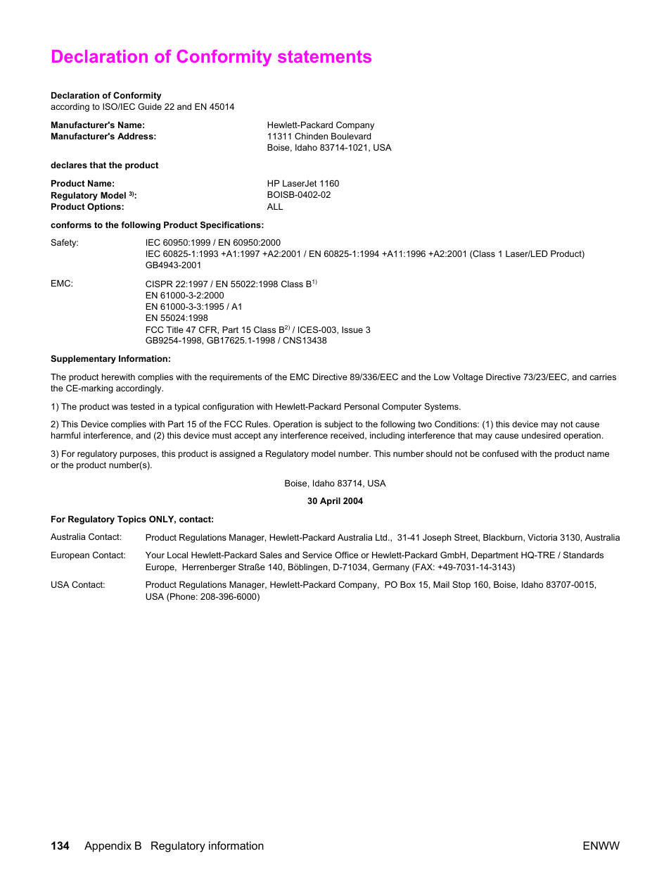 Declaration of conformity statements, 134 appendix b regulatory information enww | HP LaserJet 1320 User Manual | Page 144 / 184