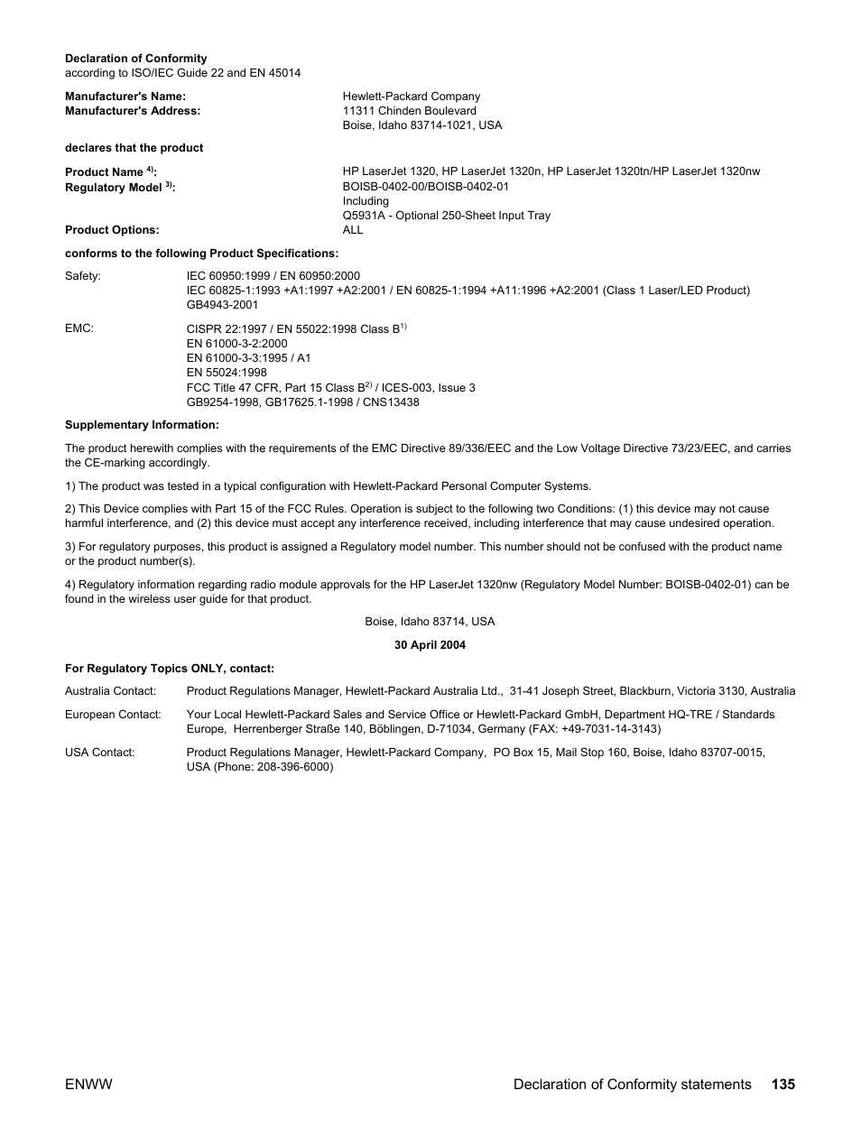 Enww declaration of conformity statements 135 | HP LaserJet 1320 User Manual | Page 145 / 184