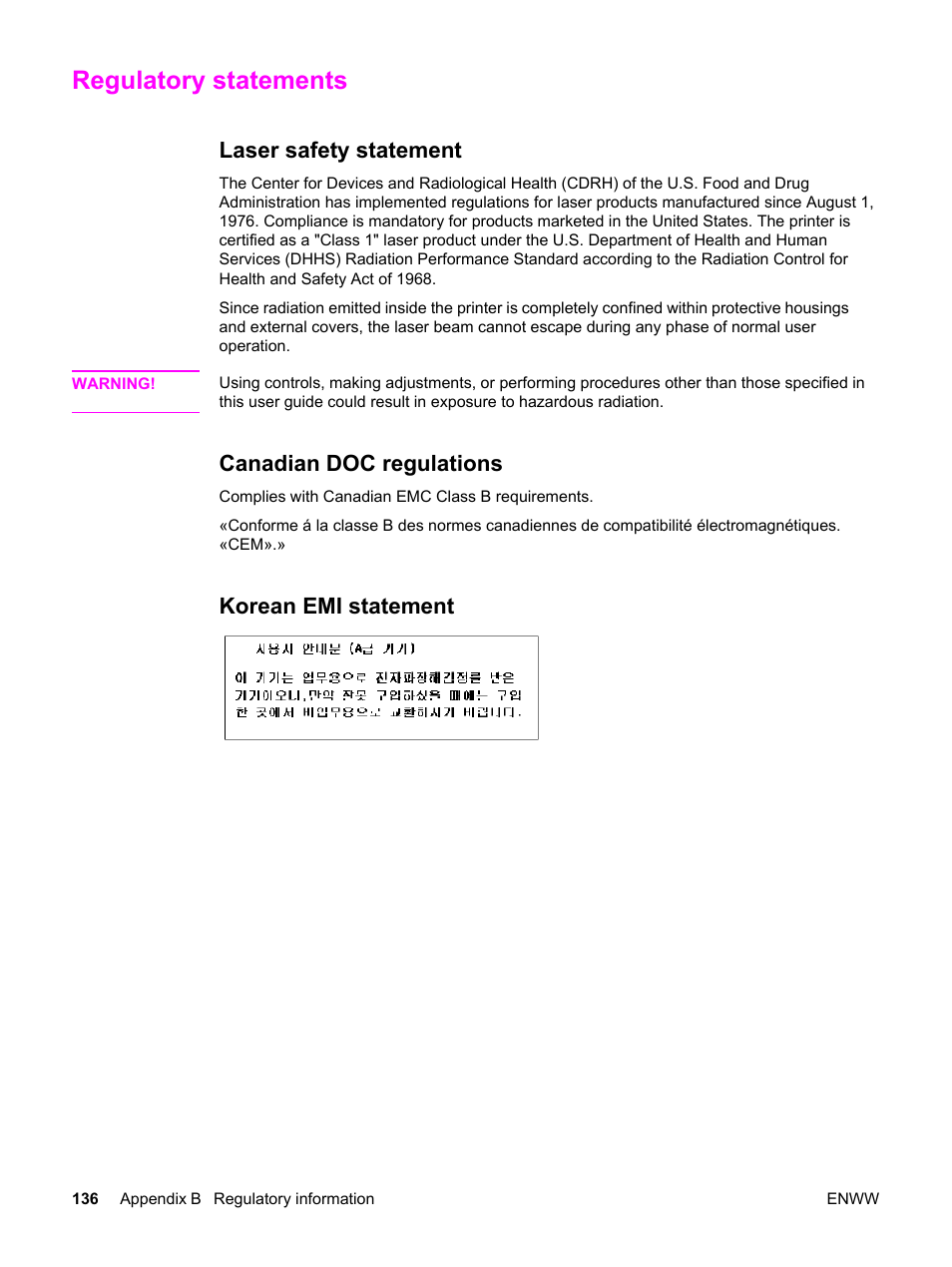 Regulatory statements, Laser safety statement, Canadian doc regulations | Korean emi statement | HP LaserJet 1320 User Manual | Page 146 / 184