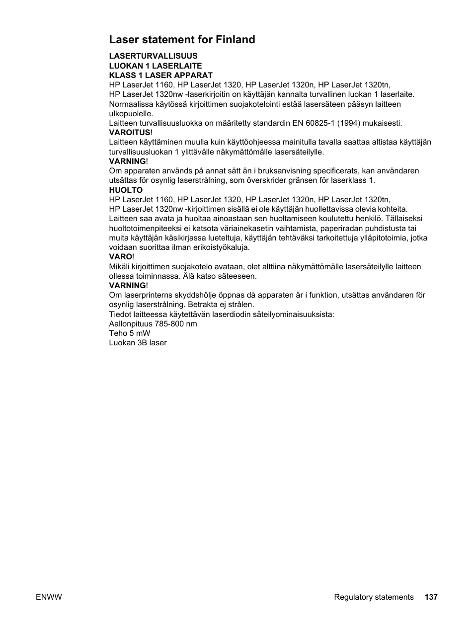 Laser statement for finland | HP LaserJet 1320 User Manual | Page 147 / 184