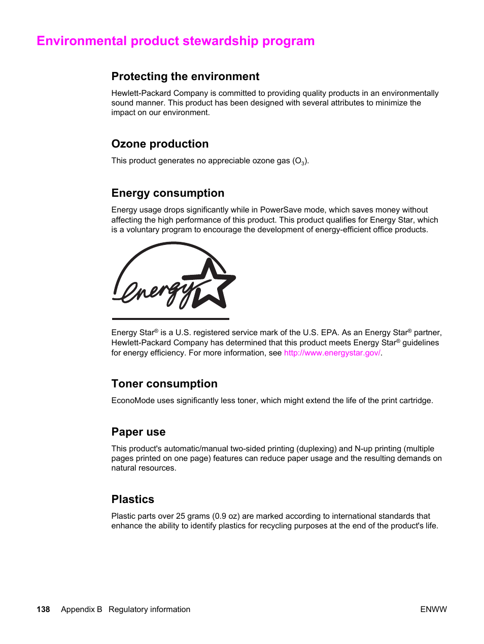 Environmental product stewardship program, Protecting the environment, Ozone production | Energy consumption, Toner consumption, Paper use, Plastics | HP LaserJet 1320 User Manual | Page 148 / 184