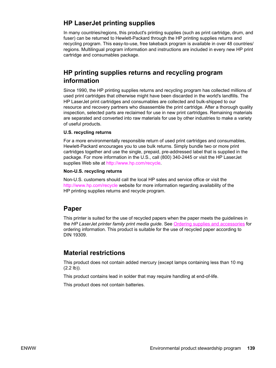 Hp laserjet printing supplies, Paper, Material restrictions | HP LaserJet 1320 User Manual | Page 149 / 184