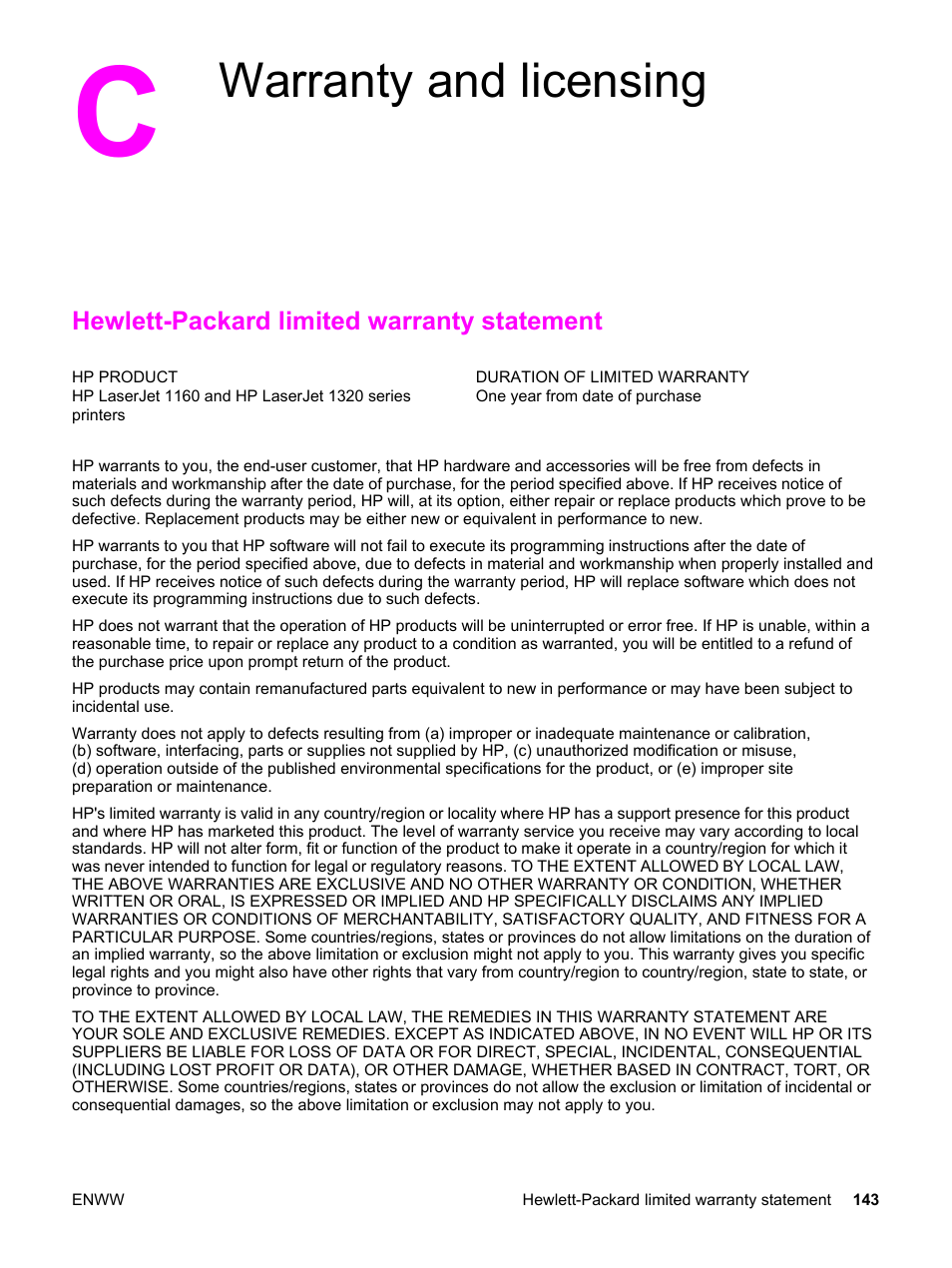 Warranty and licensing, Hewlett-packard limited warranty statement, Appendix c warranty and licensing | HP LaserJet 1320 User Manual | Page 153 / 184