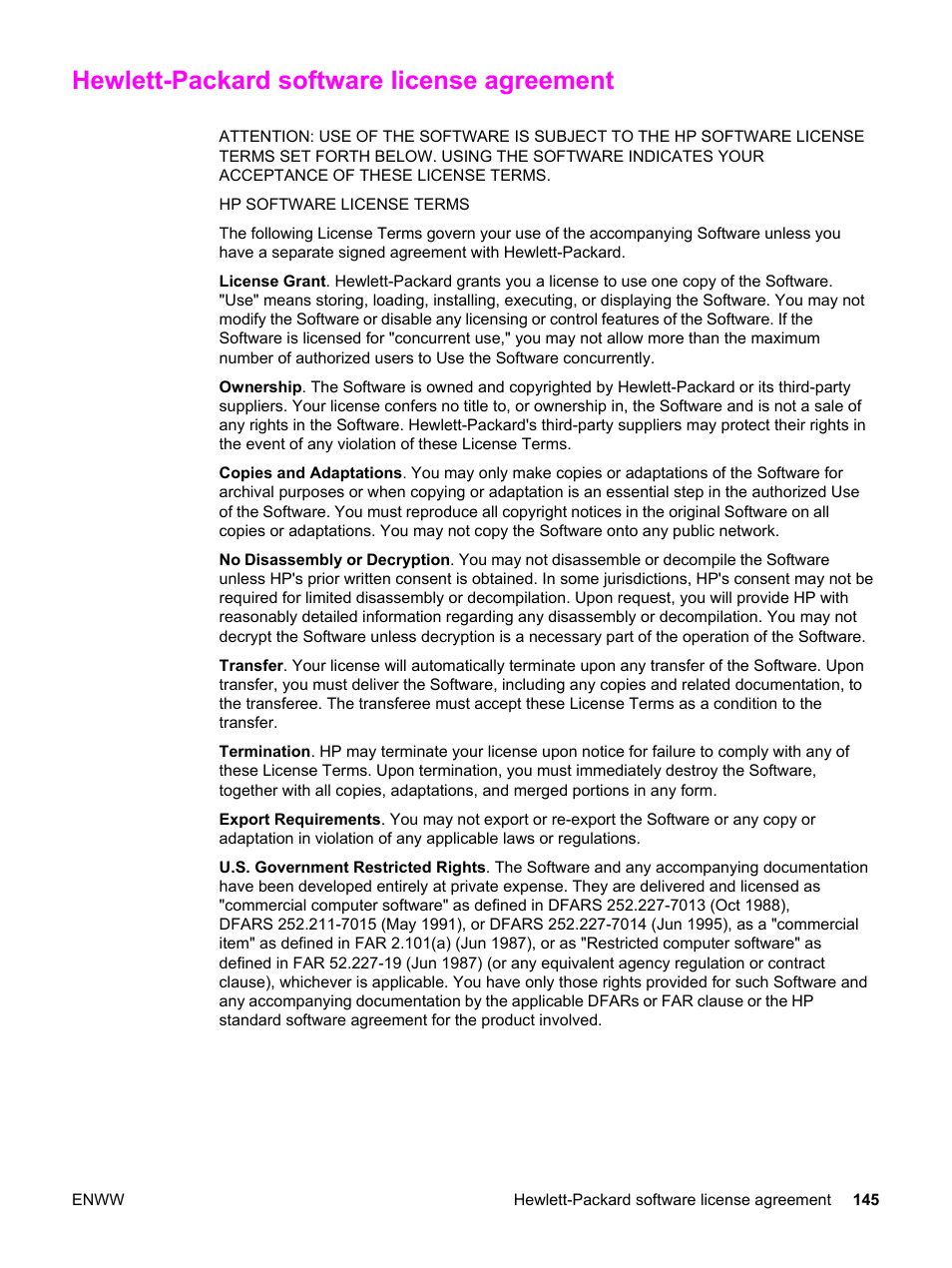 Hewlett-packard software license agreement | HP LaserJet 1320 User Manual | Page 155 / 184