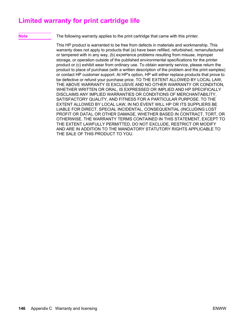 Limited warranty for print cartridge life | HP LaserJet 1320 User Manual | Page 156 / 184