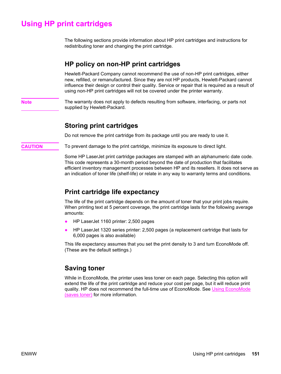 Using hp print cartridges, Hp policy on non-hp print cartridges, Storing print cartridges | Print cartridge life expectancy, Saving toner | HP LaserJet 1320 User Manual | Page 161 / 184