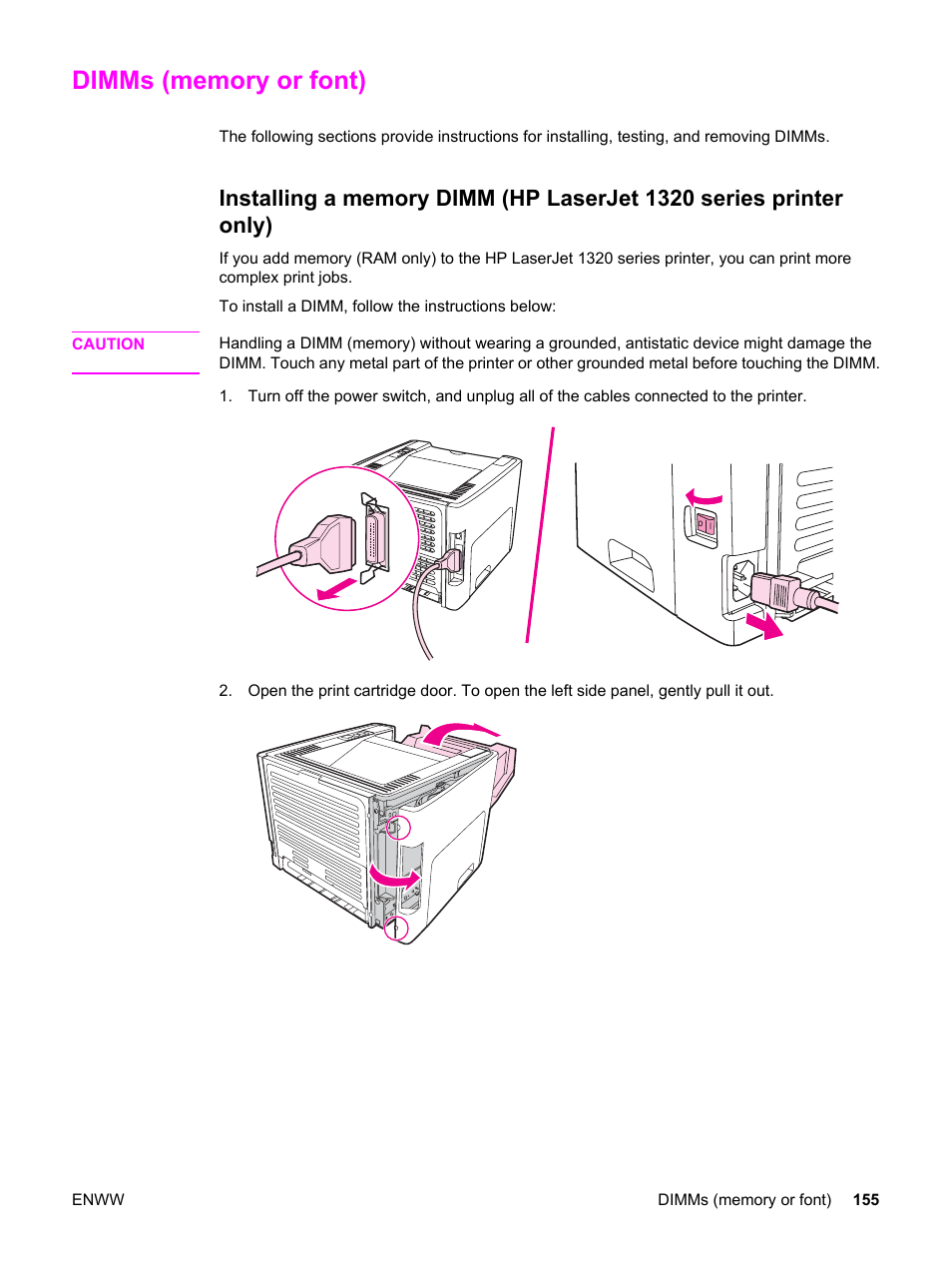 Dimms (memory or font), Memory. see, Only) | HP LaserJet 1320 User Manual | Page 165 / 184