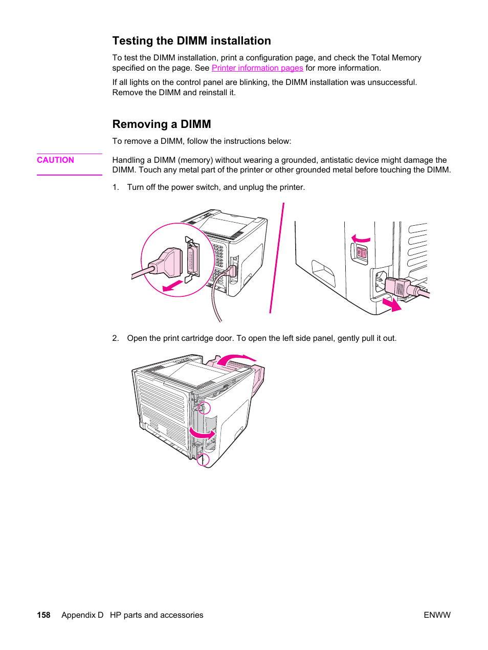 Testing the dimm installation, Removing a dimm, Testing the dimm installation removing a dimm | HP LaserJet 1320 User Manual | Page 168 / 184