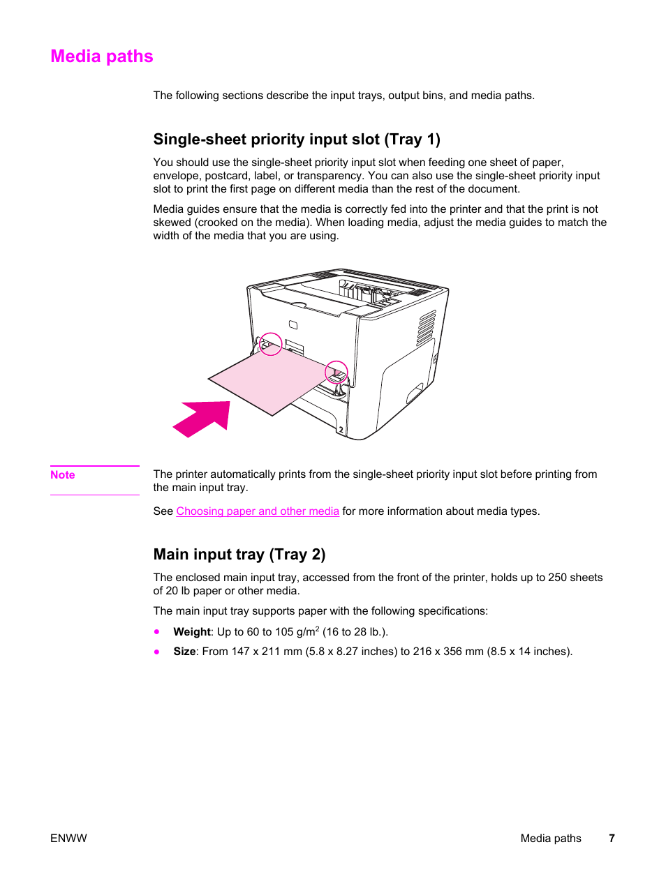 Media paths, Single-sheet priority input slot (tray 1), Main input tray (tray 2) | HP LaserJet 1320 User Manual | Page 17 / 184