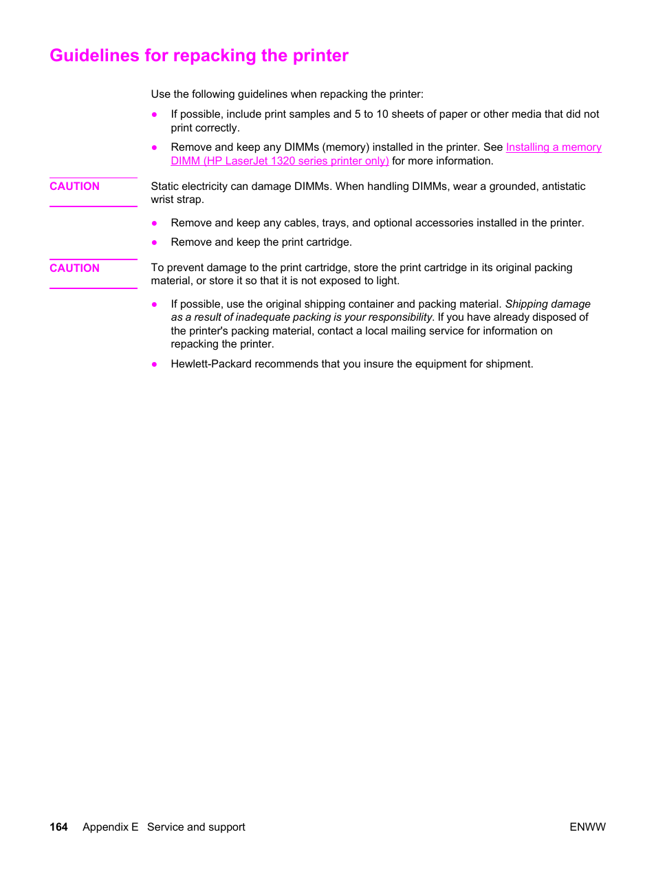 Guidelines for repacking the printer | HP LaserJet 1320 User Manual | Page 174 / 184