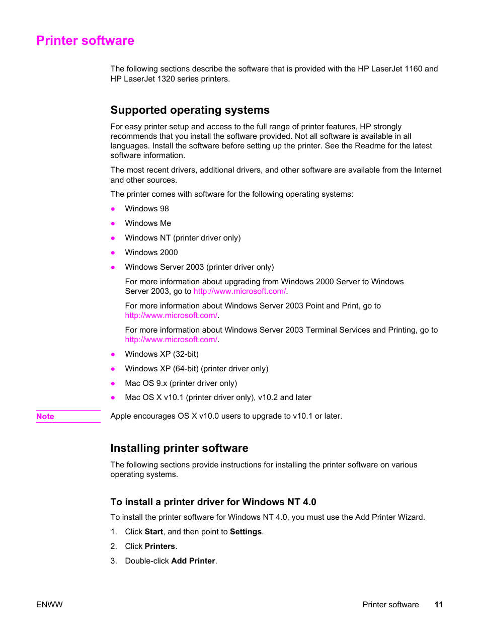 Printer software, Supported operating systems, Installing printer software | HP LaserJet 1320 User Manual | Page 21 / 184