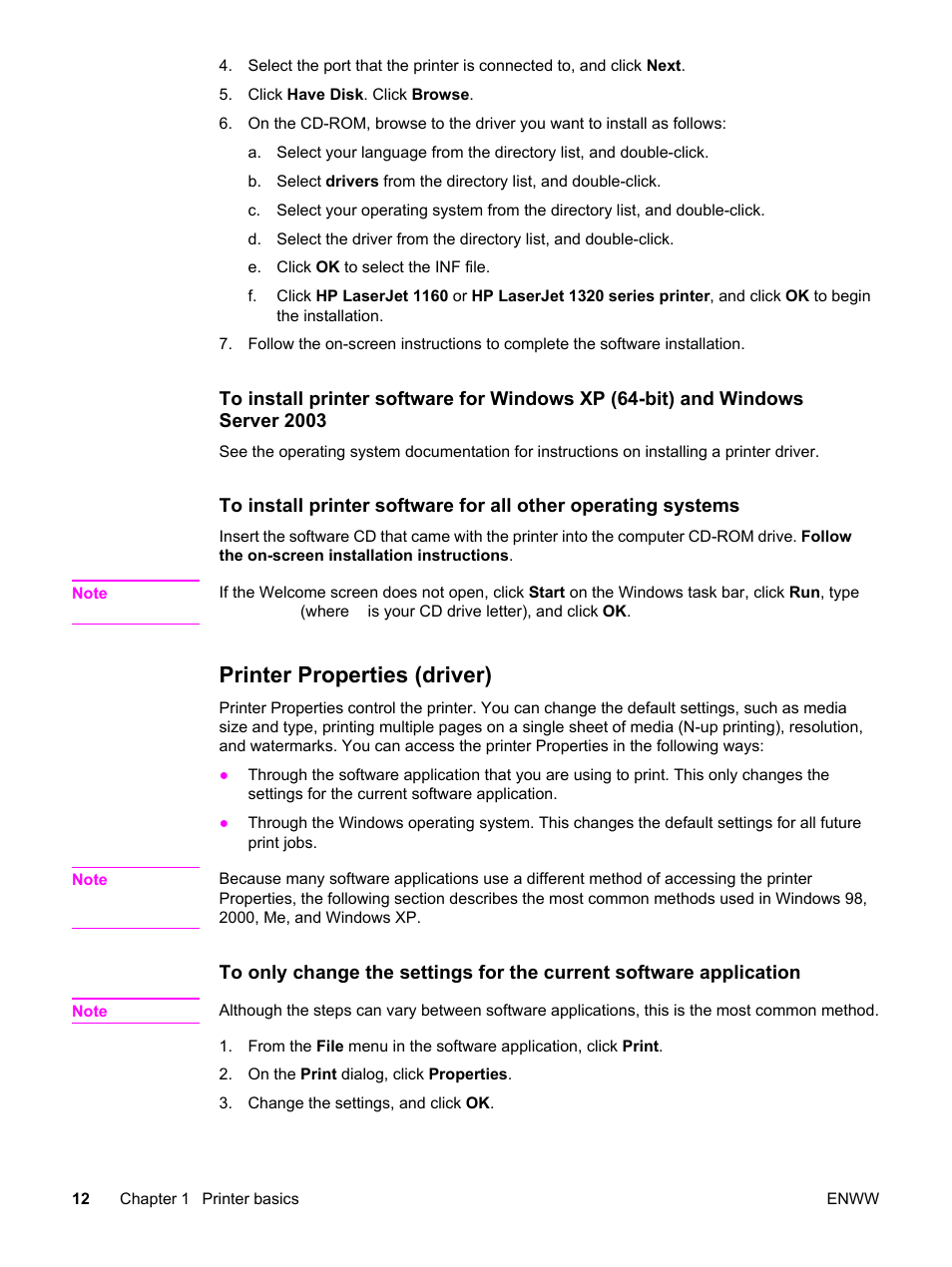 Printer properties (driver) | HP LaserJet 1320 User Manual | Page 22 / 184